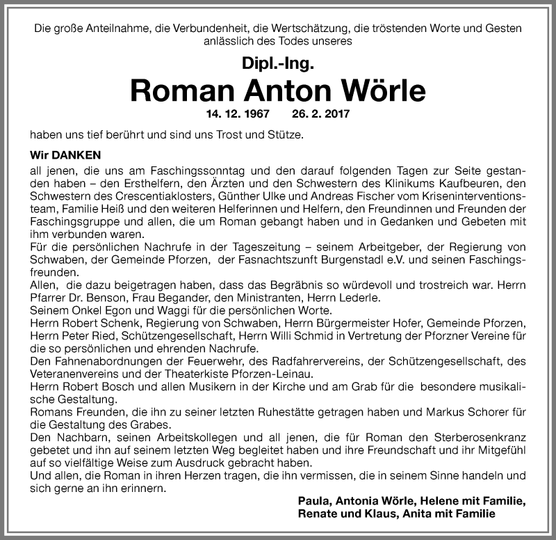 Traueranzeige von Roman Anton Wörle von Allgäuer Zeitung, Kaufbeuren/Buchloe