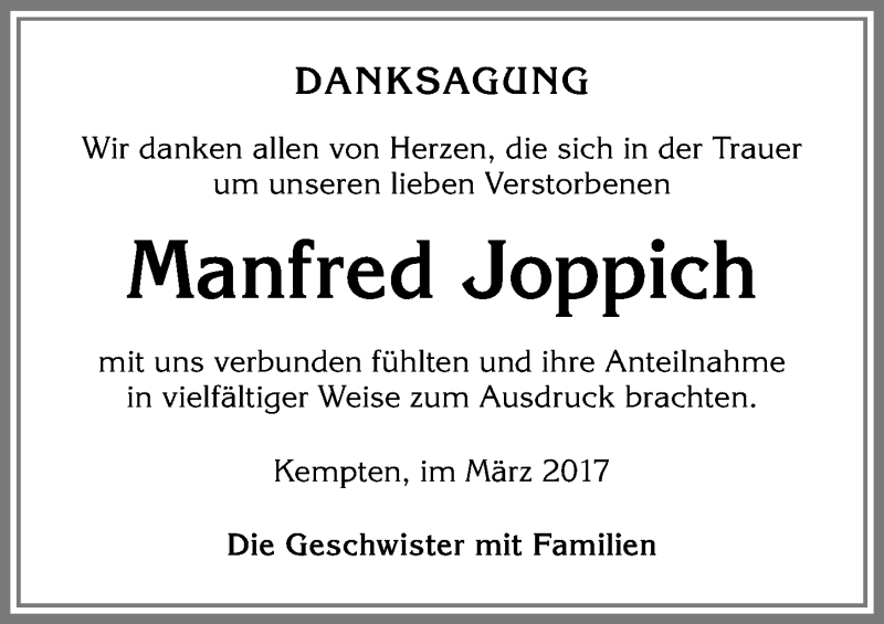 Traueranzeige von Manfred Joppich von Allgäuer Zeitung,Kempten