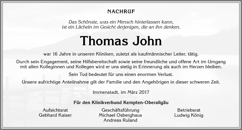 Traueranzeige von Thomas John von Allgäuer Zeitung