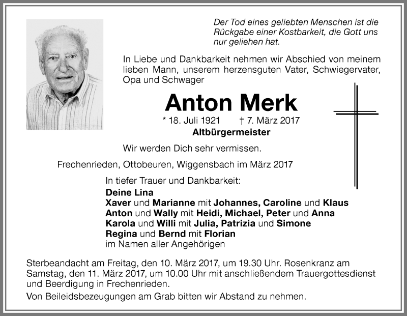 Traueranzeige von Anton Merk von Memminger Zeitung