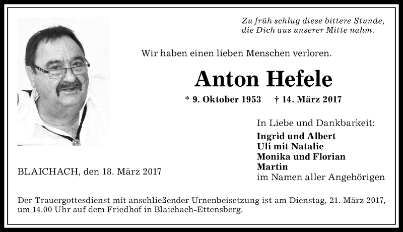 Traueranzeige von Anton Hefele von Allgäuer Anzeigeblatt