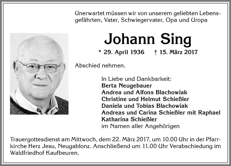 Traueranzeige von Johann Sing von Allgäuer Zeitung, Kaufbeuren/Buchloe