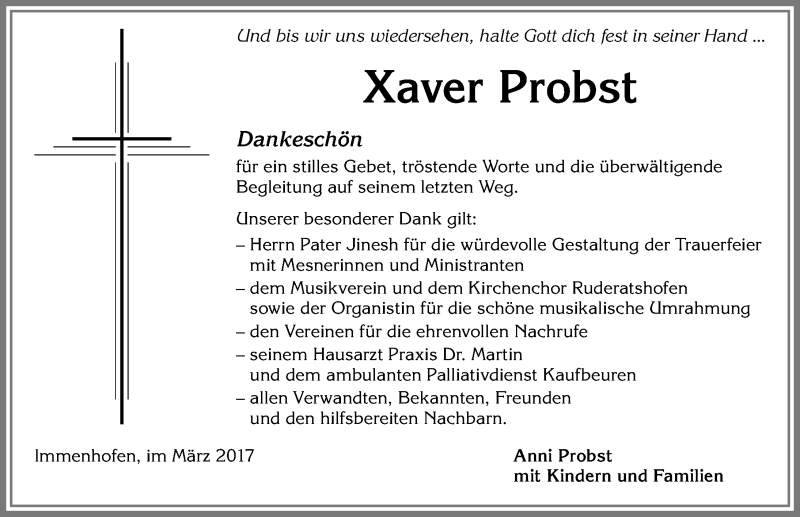 Traueranzeige von Xaver Probst von Allgäuer Zeitung, Marktoberdorf