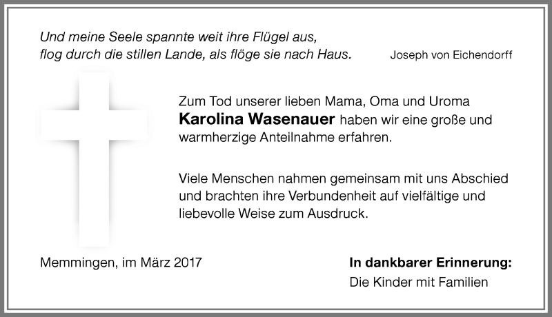 Traueranzeige von Karolina Wasenauer von Memminger Zeitung