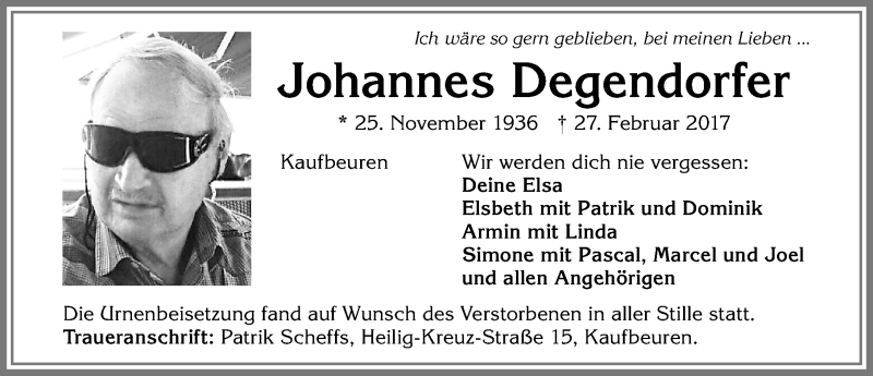 Traueranzeige von Johannes Degendorfer von Allgäuer Zeitung, Kaufbeuren/Buchloe