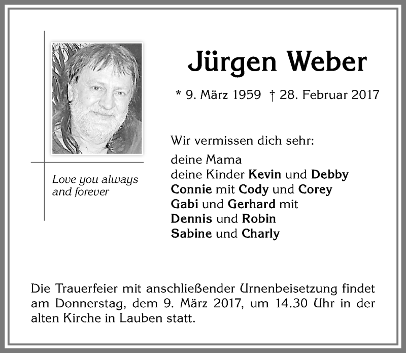 Traueranzeige von Jürgen Weber von Allgäuer Zeitung,Kempten