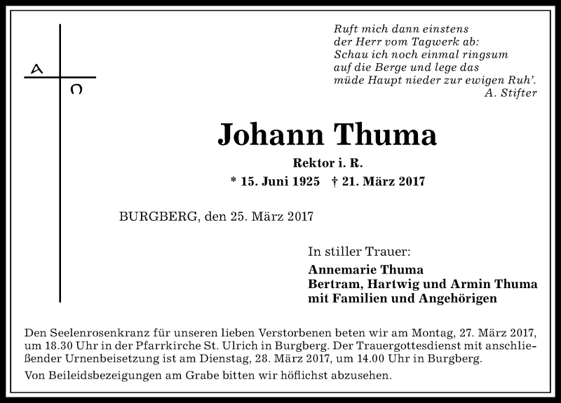 Traueranzeige von Johann Thuma von Allgäuer Anzeigeblatt