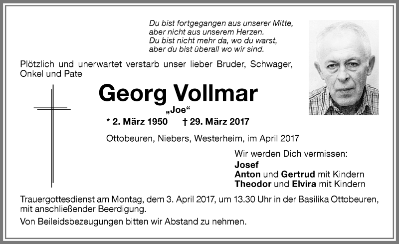 Traueranzeige von Georg Vollmar von Memminger Zeitung