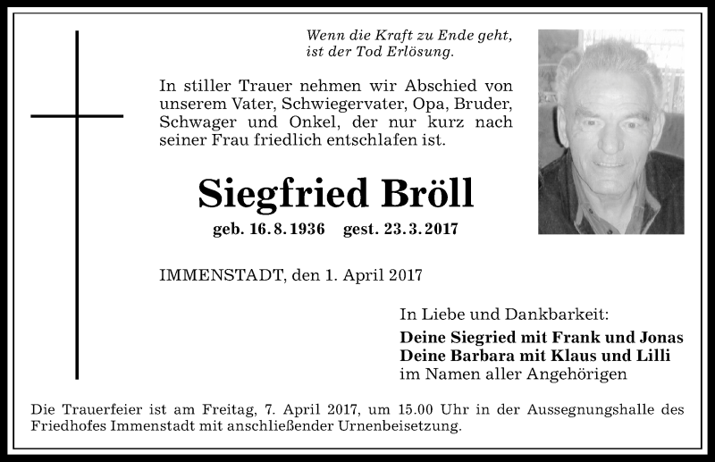Traueranzeige von Siegfried Bröll von Allgäuer Anzeigeblatt