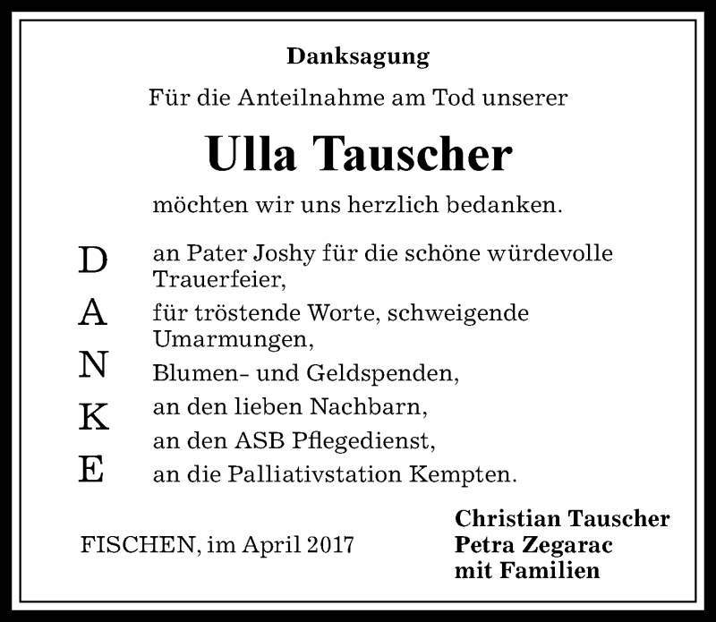Traueranzeige von Ulla Tauscher von Allgäuer Anzeigeblatt