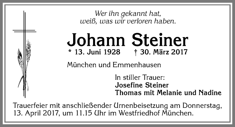 Traueranzeige von Johann Steiner von Allgäuer Zeitung, Kaufbeuren/Buchloe