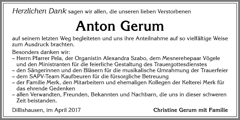 Traueranzeige von Anton Gerum von Allgäuer Zeitung, Kaufbeuren/Buchloe