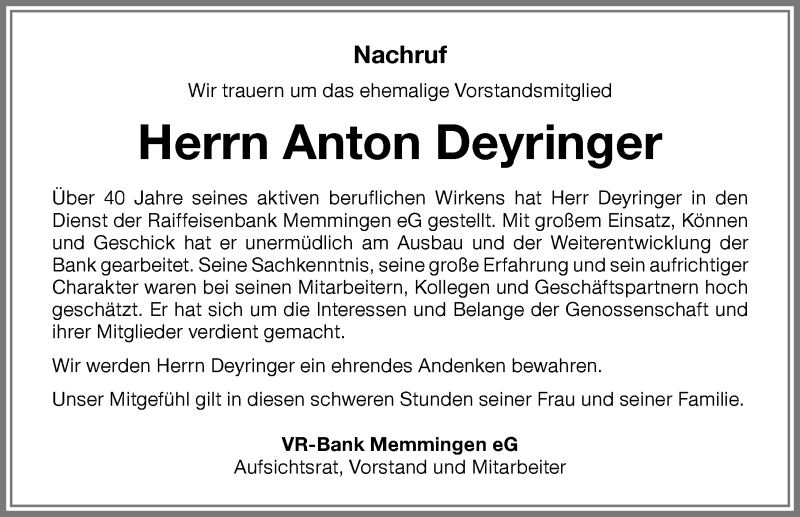 Traueranzeige von Anton Deyringer von Memminger Zeitung