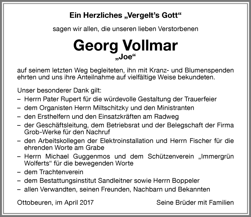 Traueranzeige von Georg Vollmar von Memminger Zeitung