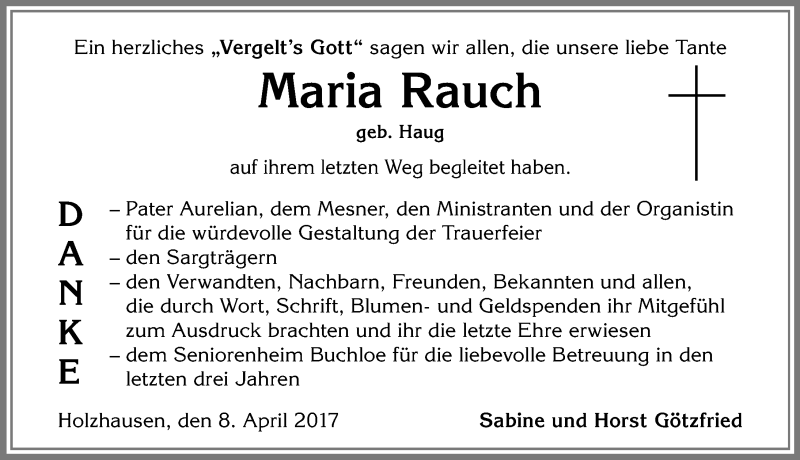Traueranzeige von Maria Rauch von Allgäuer Zeitung