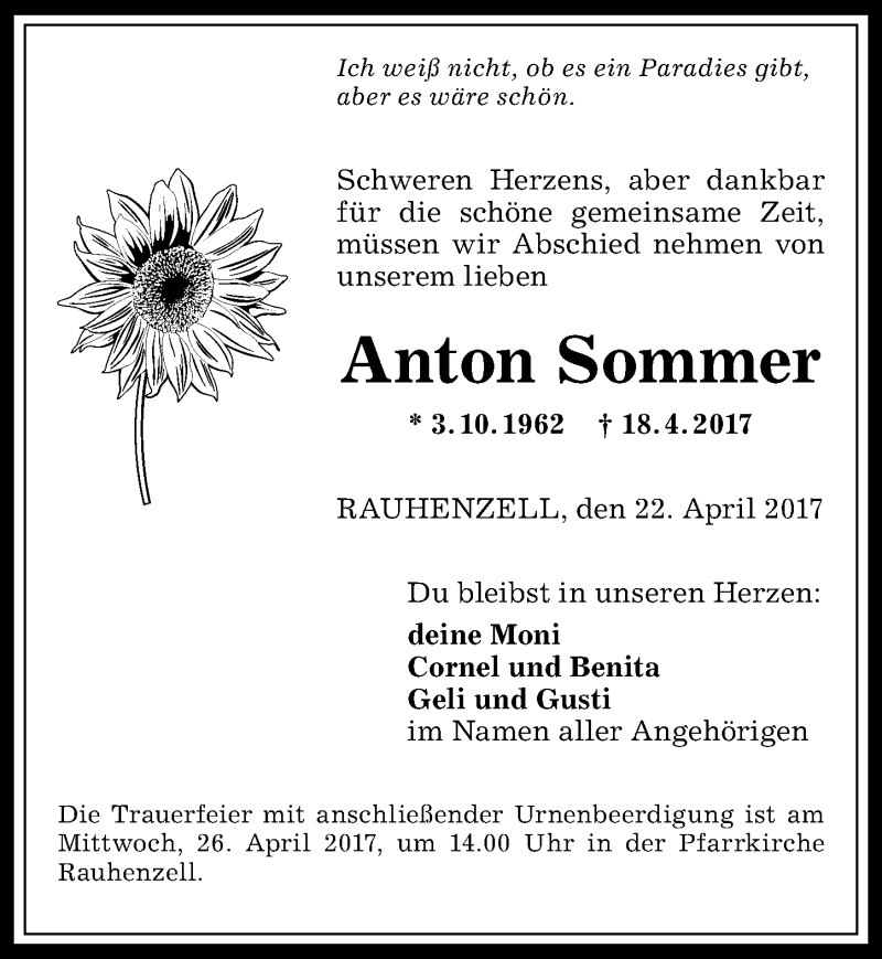 Traueranzeige von Anton Sommer von Allgäuer Anzeigeblatt