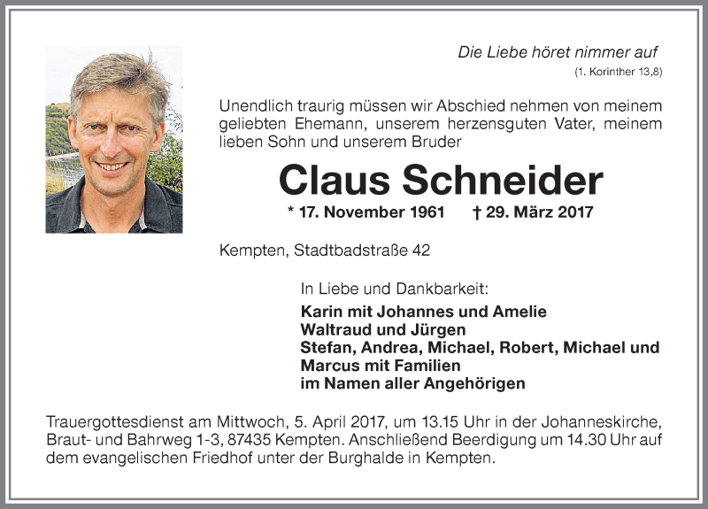 Traueranzeige von Claus Schneider von Allgäuer Zeitung,Kempten