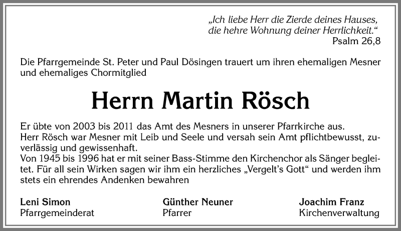 Traueranzeige von Martin Rösch von Allgäuer Zeitung, Kaufbeuren/Buchloe