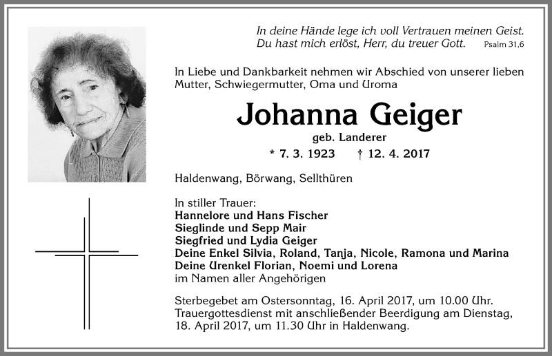 Traueranzeigen von Johanna Geiger | Augsburger Allgemeine Zeitung