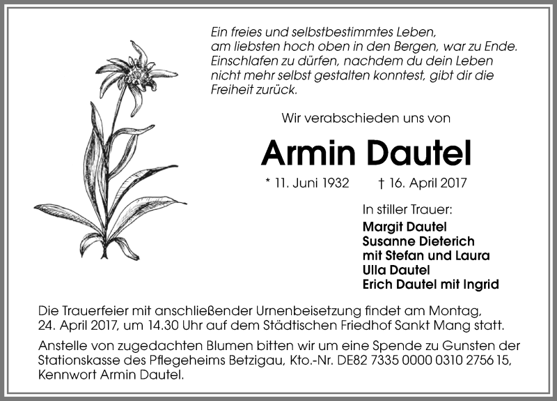 Traueranzeige von Armin Dautel von Allgäuer Zeitung,Kempten