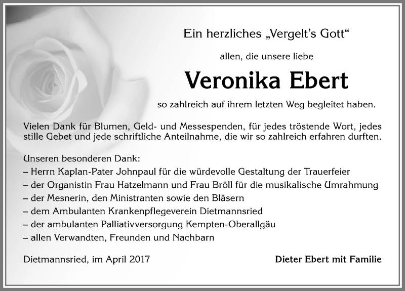 Traueranzeige von Veronika Ebert von Allgäuer Zeitung, Gesamtausgabe