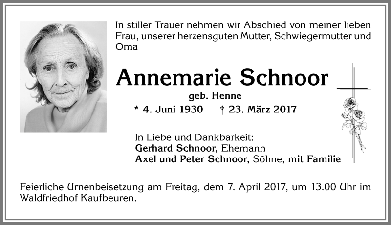Traueranzeige von Annemarie Schnoor von Allgäuer Zeitung, Kaufbeuren/Buchloe