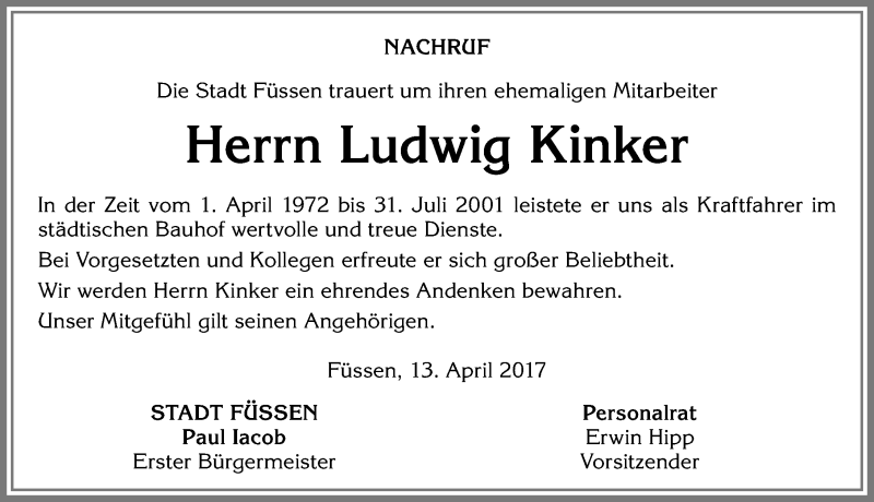 Traueranzeige von Ludwig Kinker von Allgäuer Zeitung, Füssen