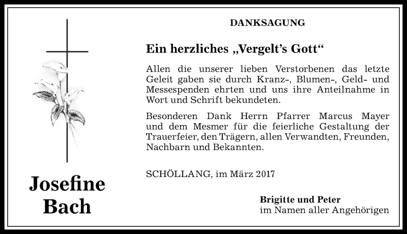 Traueranzeige von Josefine Bach von Allgäuer Anzeigeblatt