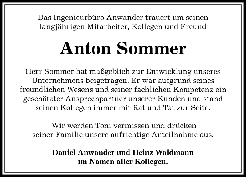 Traueranzeige von Anton Sommer von Allgäuer Anzeigeblatt