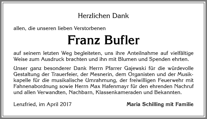 Traueranzeige von Franz Bufler von Allgäuer Zeitung,Kempten