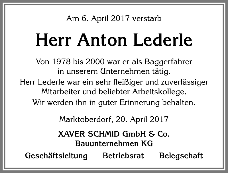 Traueranzeige von Anton Lederle von Allgäuer Zeitung, Marktoberdorf