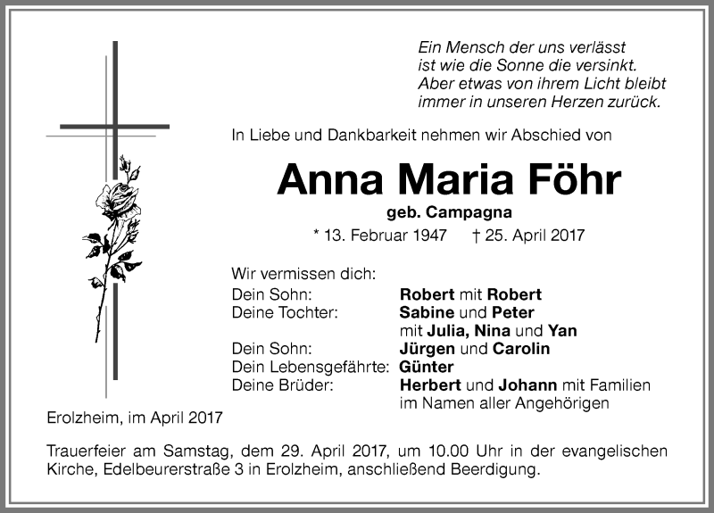 Traueranzeige von Anna Maria Föhr von Memminger Zeitung