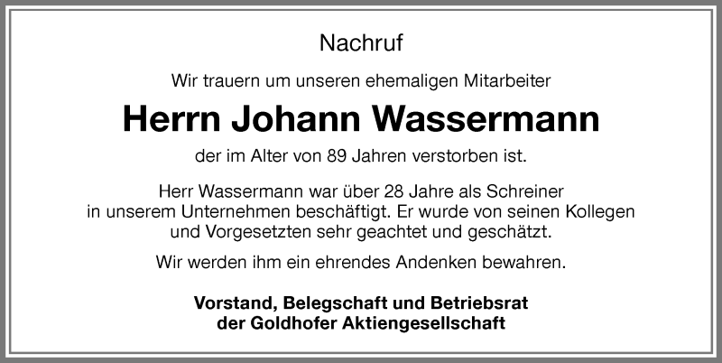 Traueranzeige von Johann Wassermann von Memminger Zeitung