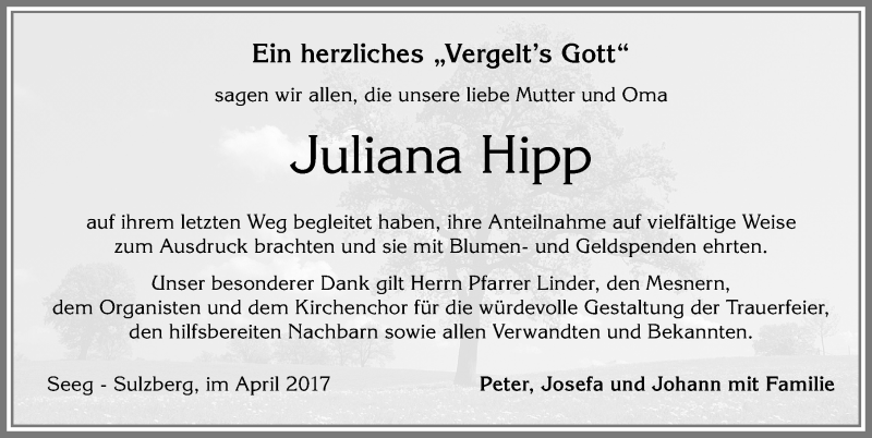 Traueranzeige von Juliana Hipp von Allgäuer Zeitung, Füssen