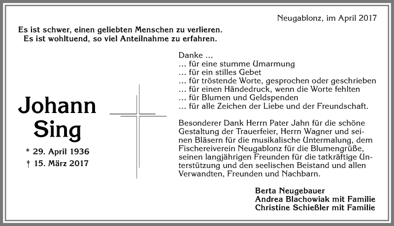 Traueranzeige von Johann Sing von Allgäuer Zeitung, Kaufbeuren/Buchloe