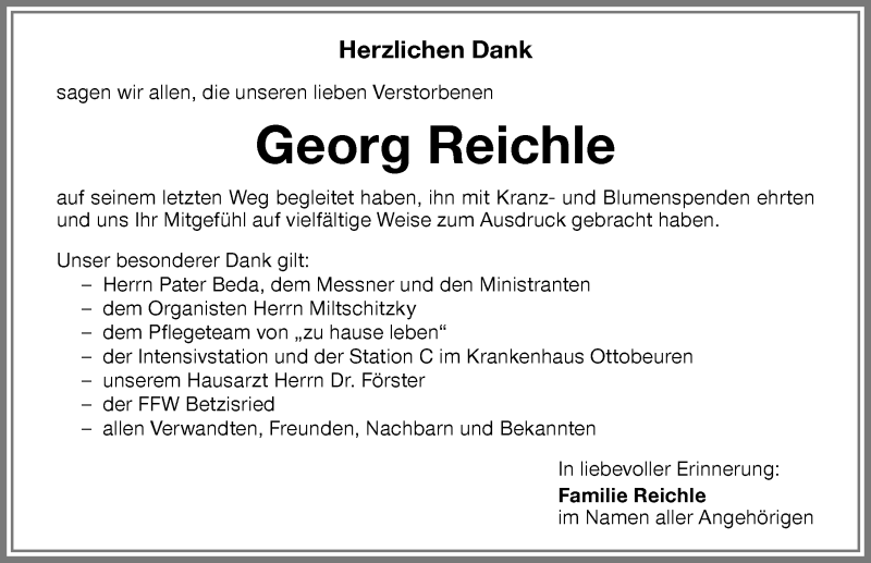 Traueranzeige von Georg Reichle von Memminger Zeitung