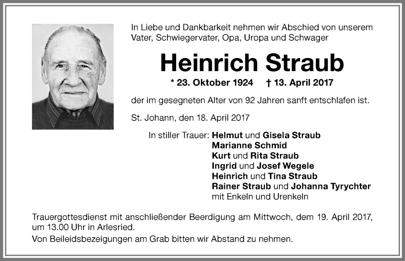 Traueranzeige von Heinrich Straub von Memminger Zeitung