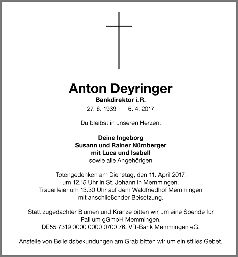 Traueranzeige von Anton Deyringer von Memminger Zeitung