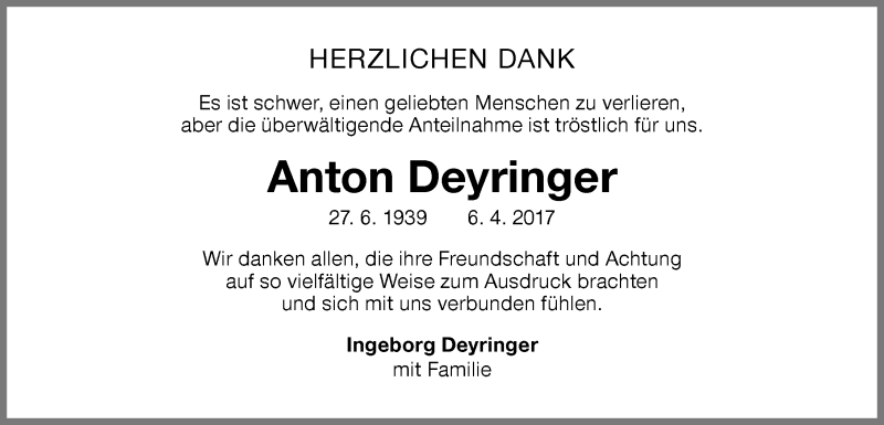 Traueranzeige von Anton Deyringer von Memminger Zeitung