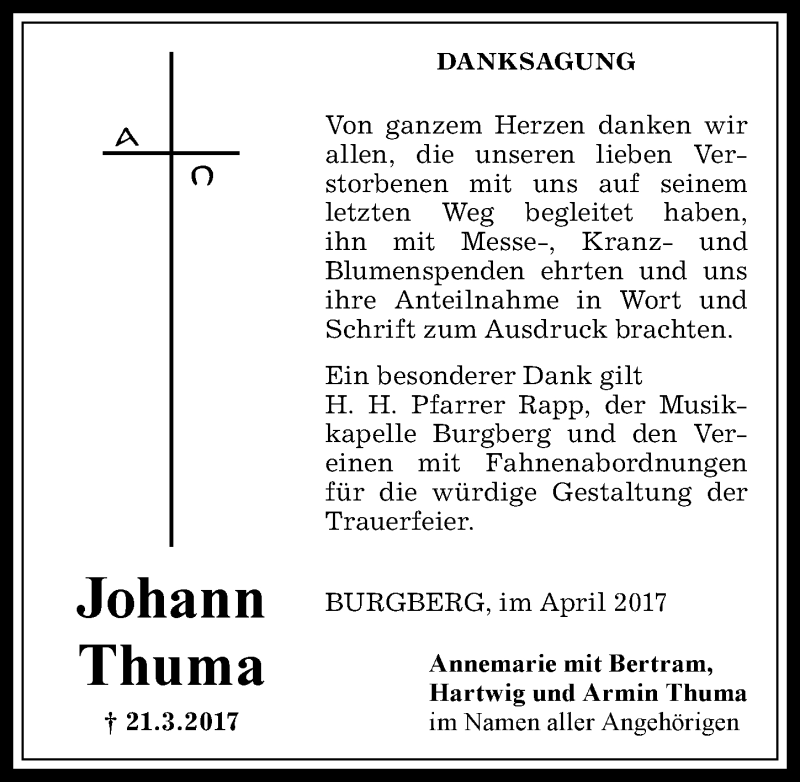 Traueranzeige von Johann Thuma von Allgäuer Anzeigeblatt