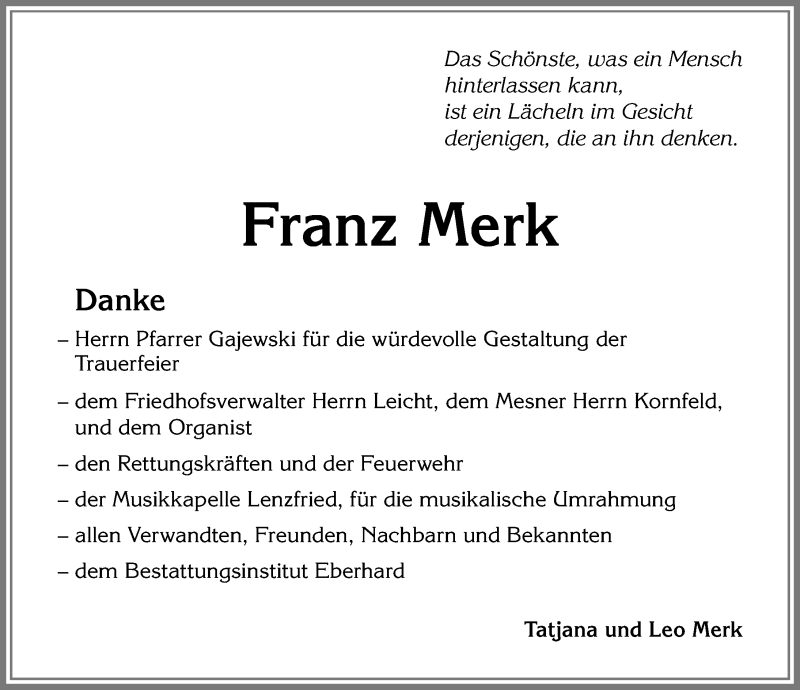 Traueranzeige von Franz Merk von Allgäuer Zeitung,Kempten