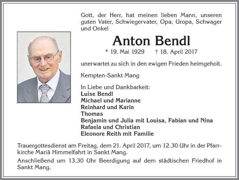 Traueranzeige von Anton Bendl von Allgäuer Zeitung,Kempten