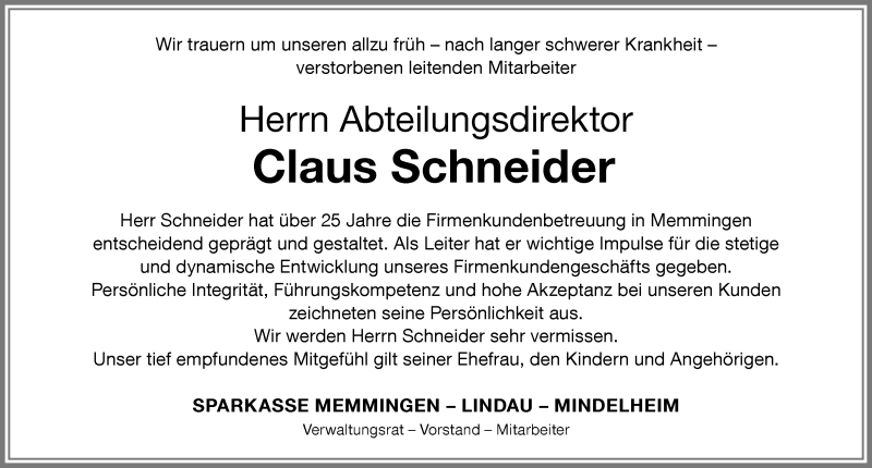Traueranzeige von Claus Schneider von Memminger Zeitung