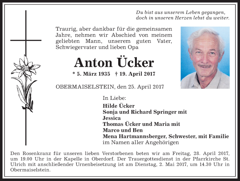 Traueranzeige von Anton Ücker von Allgäuer Anzeigeblatt