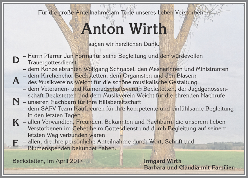 Traueranzeige von Anton Wirth von Allgäuer Zeitung, Kaufbeuren/Buchloe