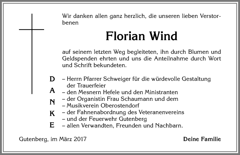 Traueranzeige von Florian Wind von Allgäuer Zeitung, Kaufbeuren/Buchloe