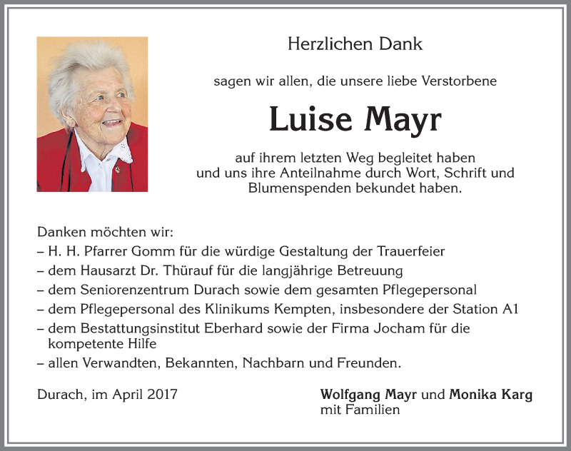 Traueranzeigen Von Luise Mayr Augsburger Allgemeine Zeitung