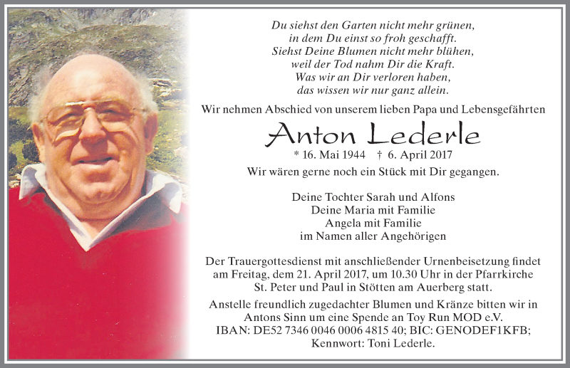 Traueranzeige von Anton Lederle von Allgäuer Zeitung, Marktoberdorf