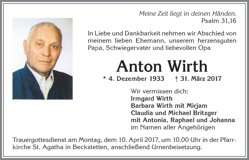 Traueranzeige von Anton Wirth von Allgäuer Zeitung, Kaufbeuren/Buchloe