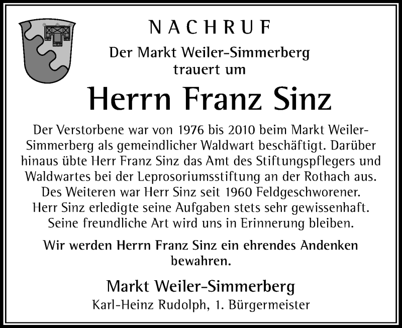 Traueranzeige von Franz Sinz von Der Westallgäuer